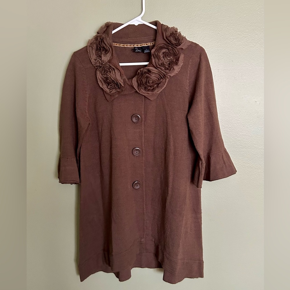 Nick & Mo long cardigan sweater, fabric rosettes neckline, milk chocolate tone